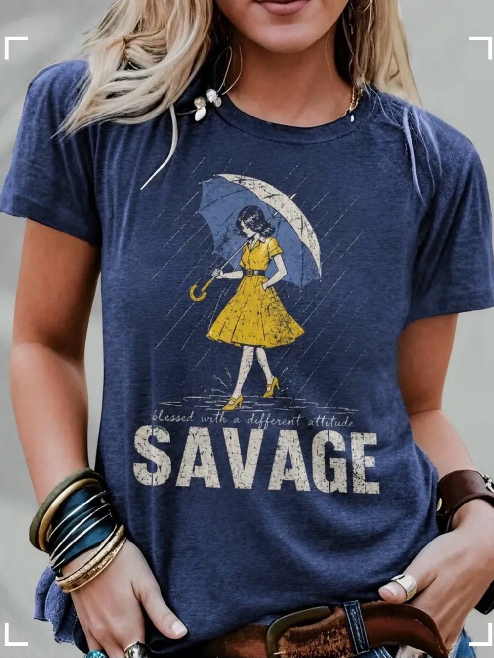 Savage Graphic Tee - Navy with Yellow Print